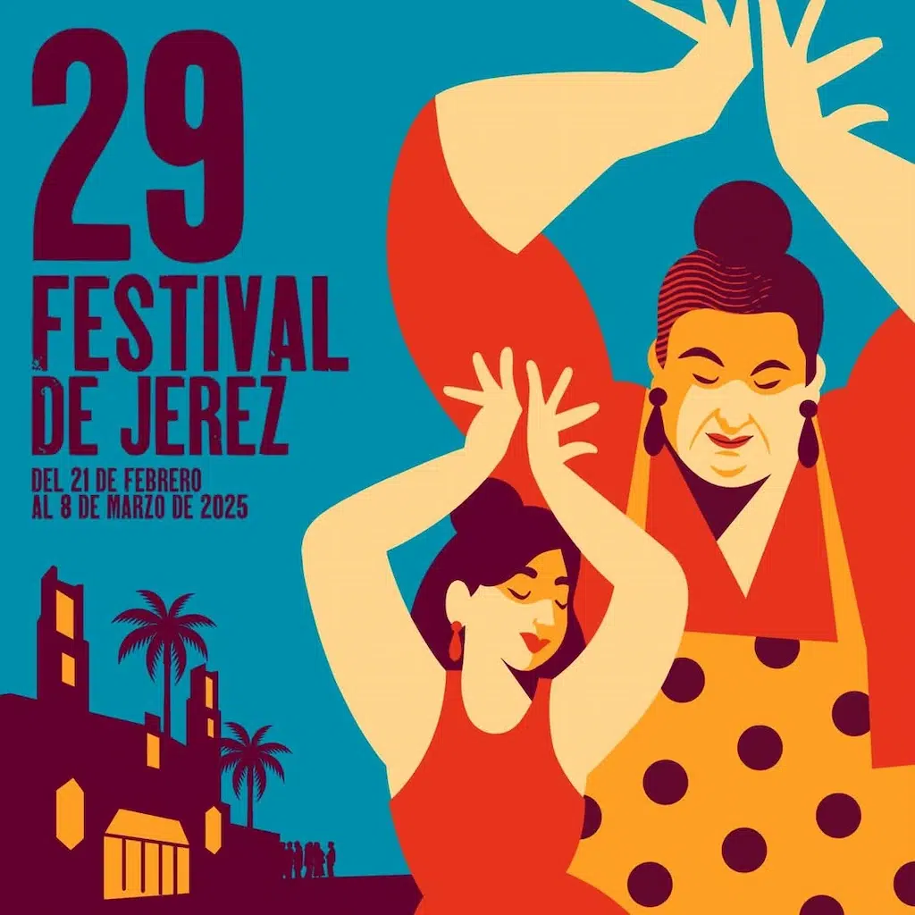 Cartellone pubblicitario prossimo festival del flamenco di Jerez, 2025, dell'autore Daniel Diosdado. In primo piano il disegno di 2 donne ballerine,una giovane e in secondo piano una donna matura. Il flamenco antico e moderno che si incontrano in un festival.